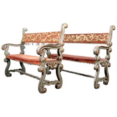 Pair of 18th Century Carved and Painted Baroque Tuscan Arm Benches