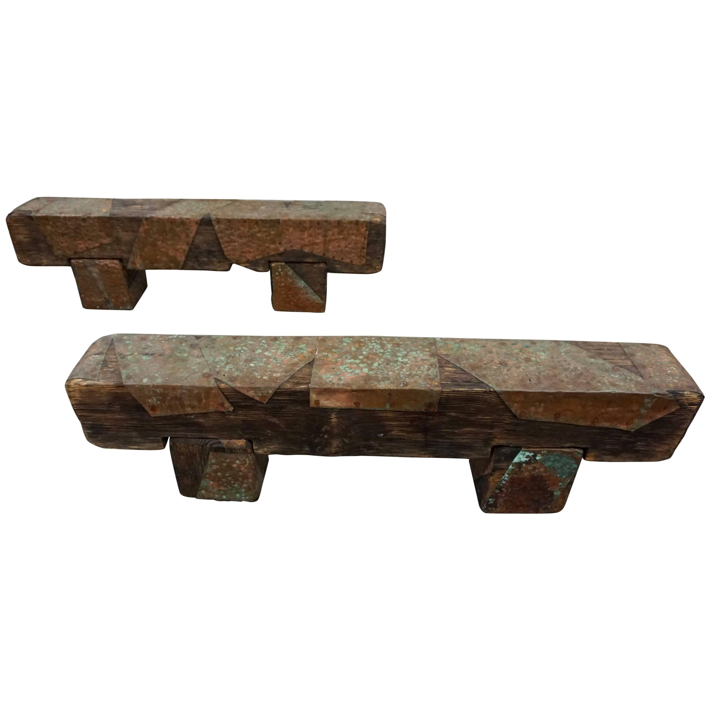 Pair of Brutalist Wood Benches