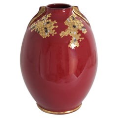 Spanish 1960s Red Glazed Ceramic Vase with Gold Leaf Geometric Accents 3
