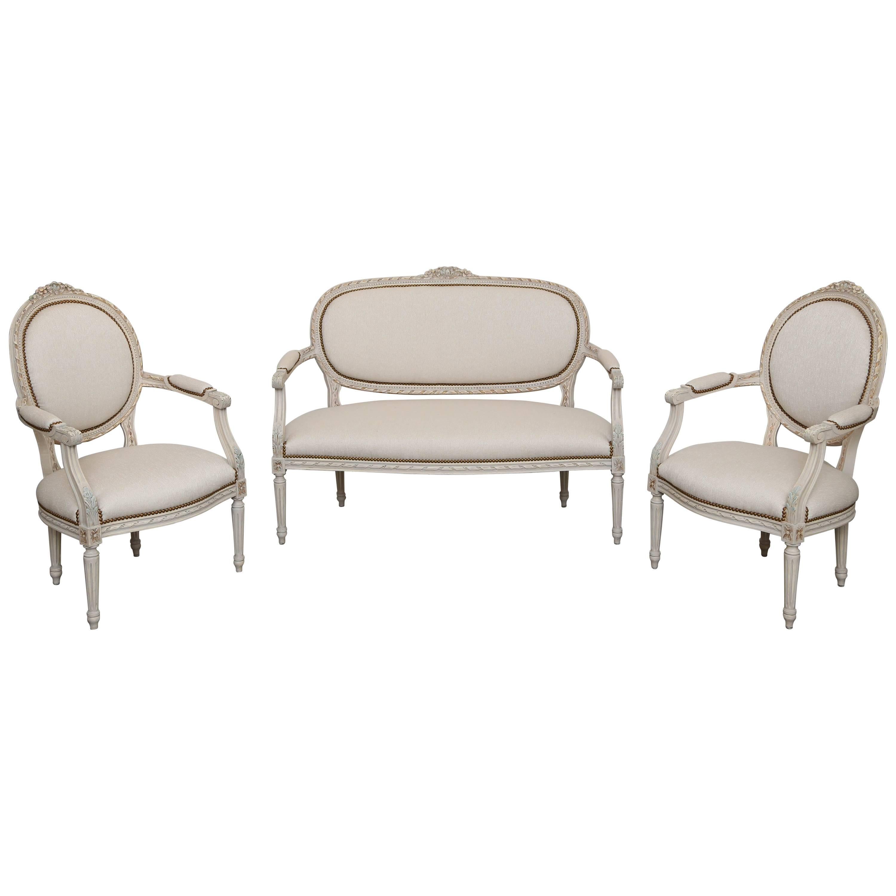 Antique Swedish Settee and Pair Armchairs Painted, Late 19th Century