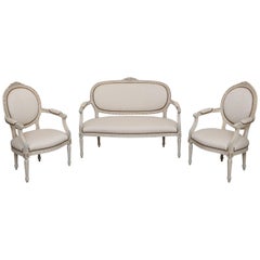 Antique Swedish Settee and Pair Armchairs Painted, Late 19th Century