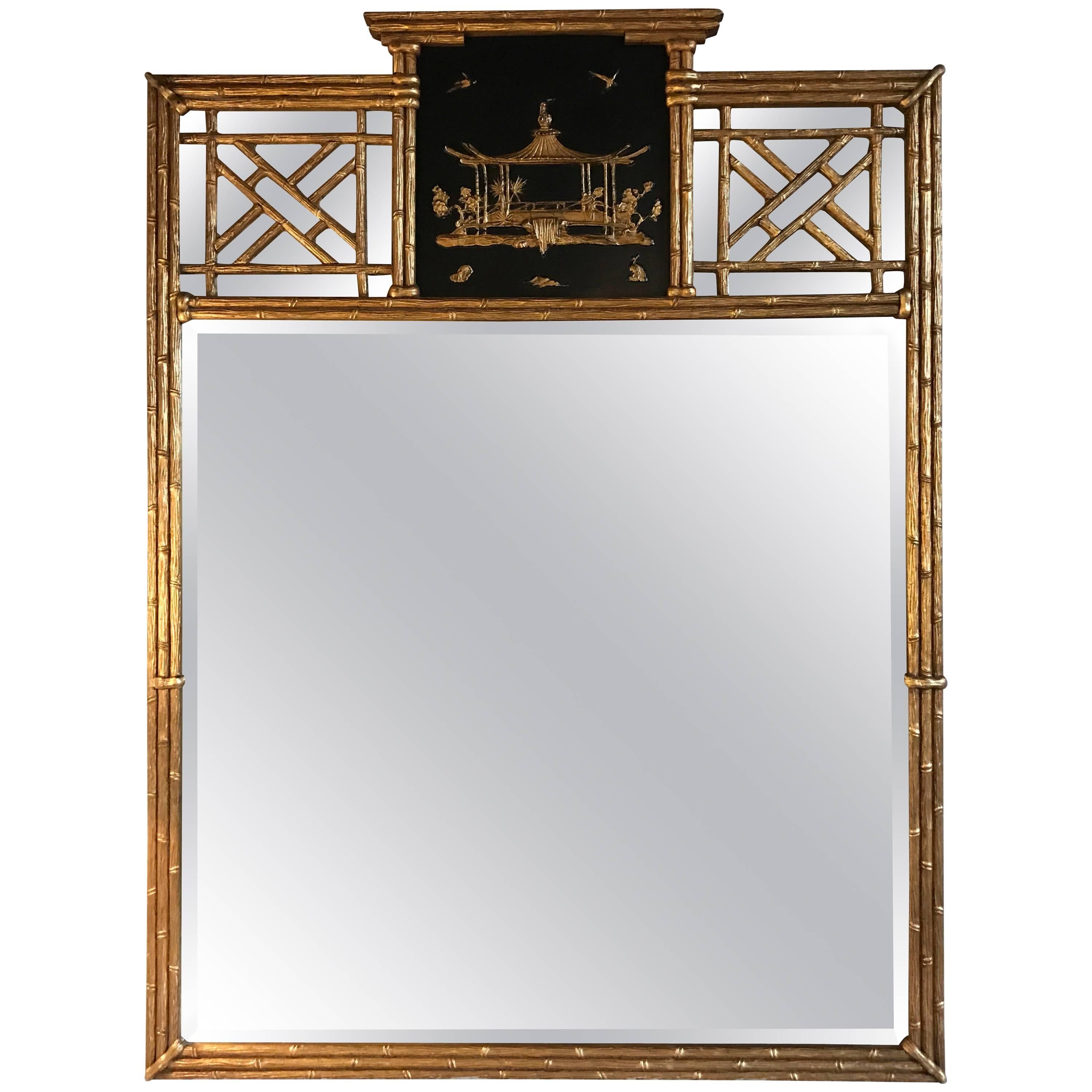 Chinoiserie Style Gilt and Ebony Decorated Beveled Wall or Console Mirror
