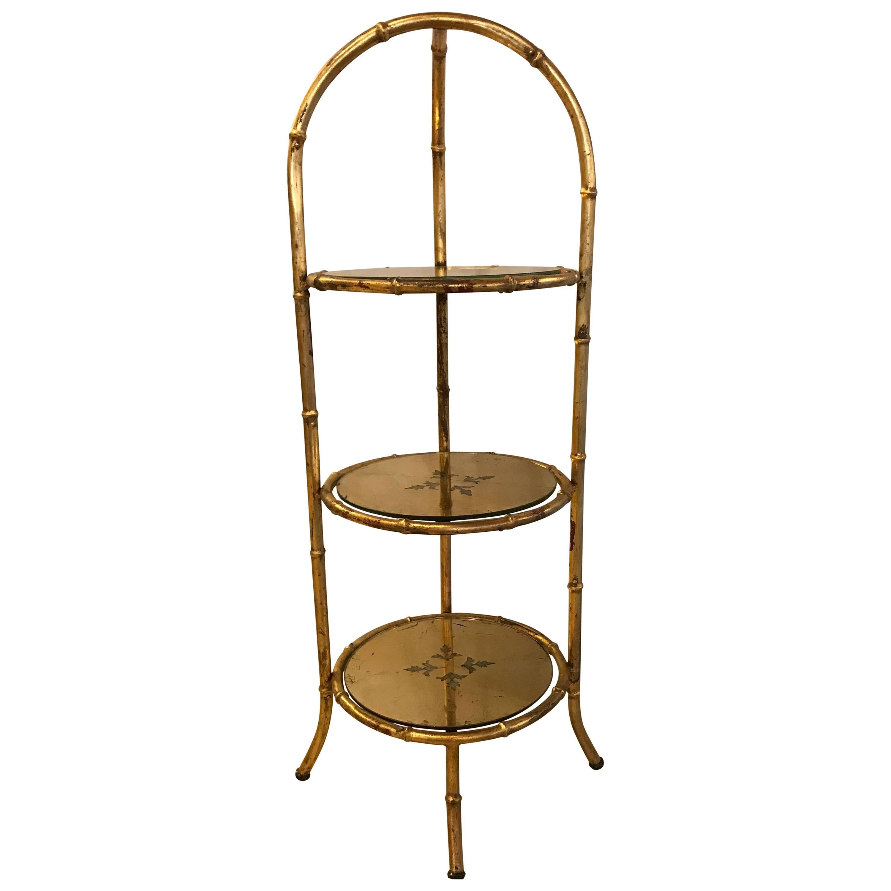Hollywood Regency Style Faux Bamboo Églomisé Glass Three-Tier Ètagerè / Stand For Sale