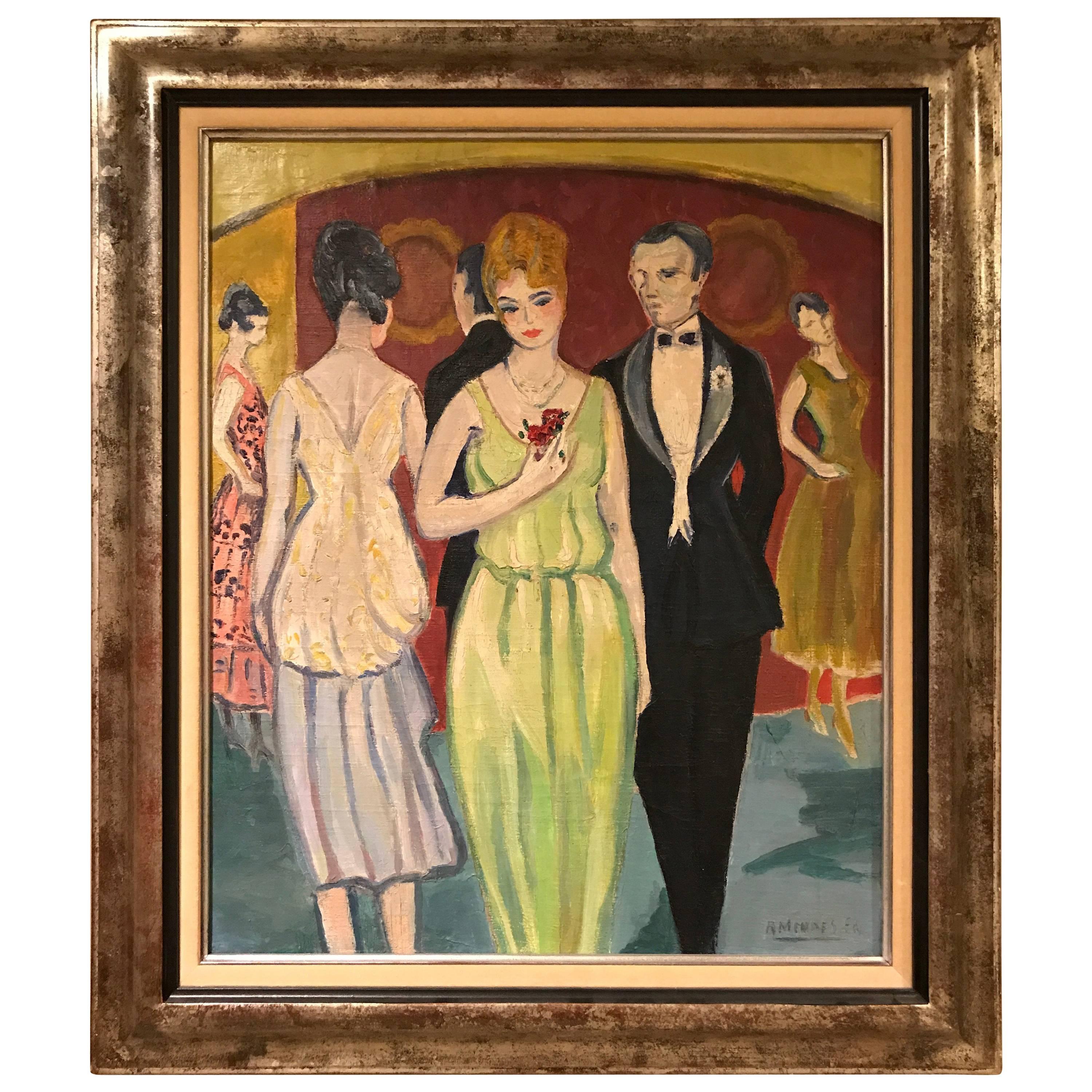 French Oil on Canvas by Rene Mendes of the Ballroom For Sale