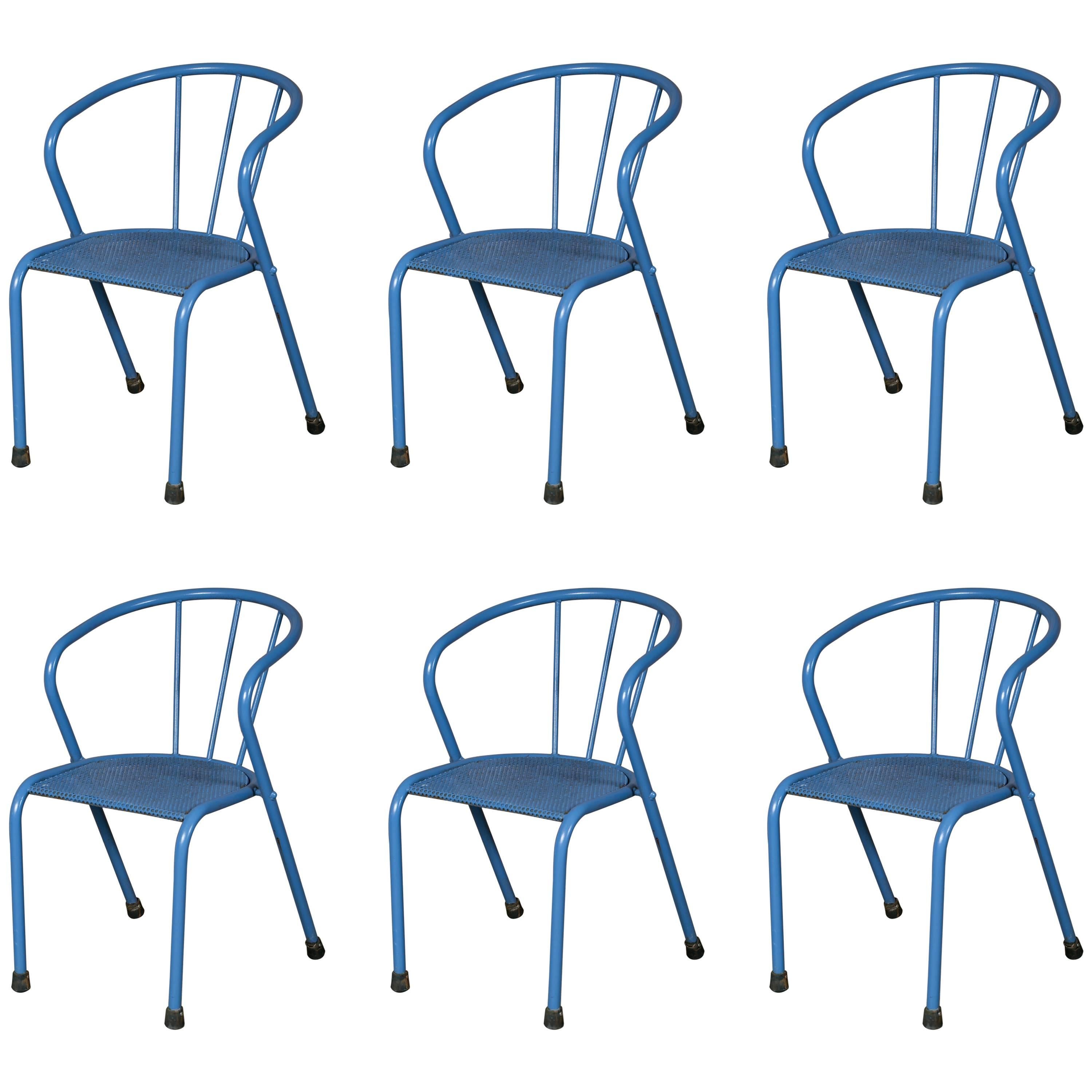 Set of Six Blue Metal Side Chairs from France, circa 1940