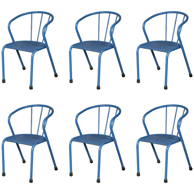 Set of Six Blue French Metal Side Chairs For Sale at 1stdibs