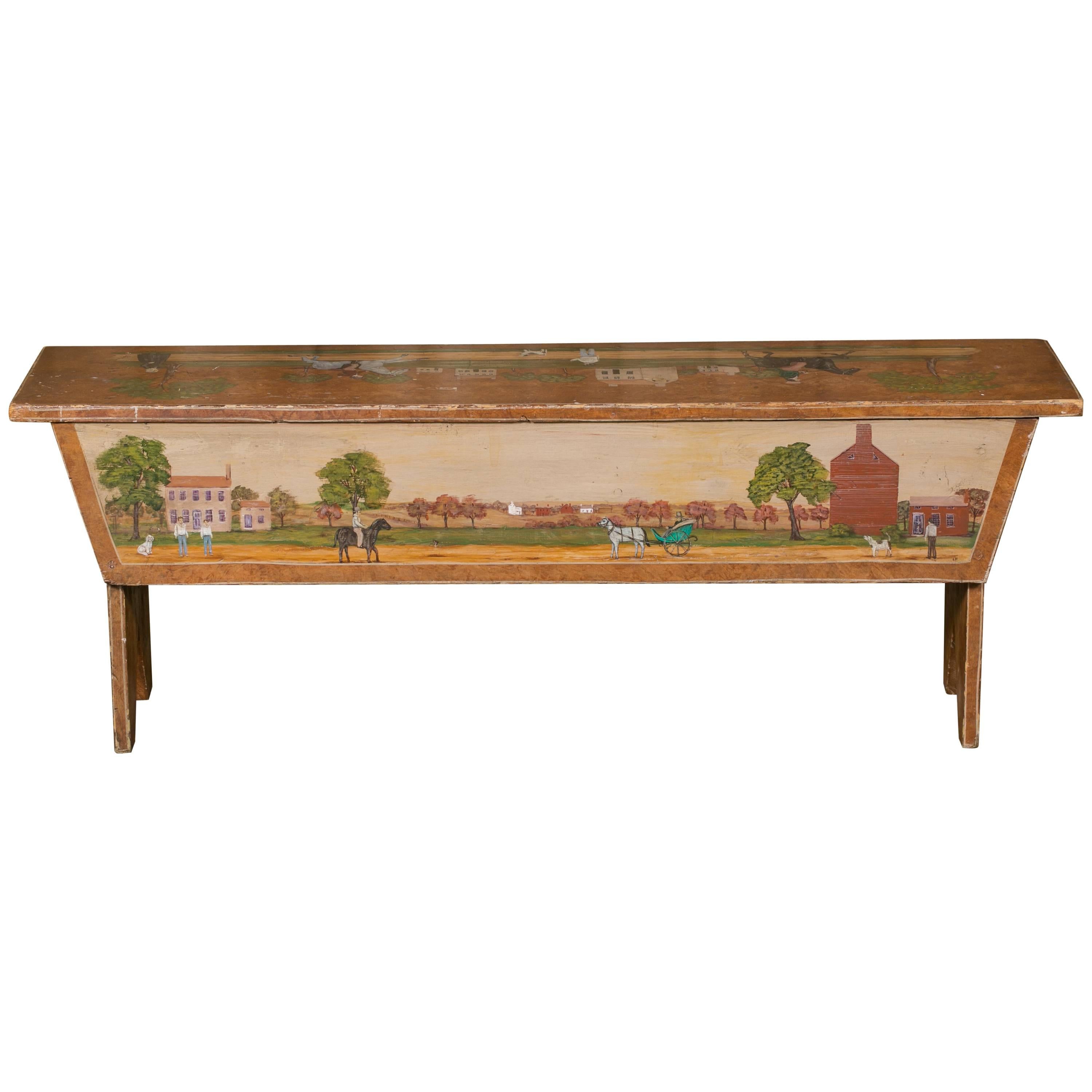 Antique Wooden Bench Hand-Painted by Artist Lew Hudnall, circa 1890