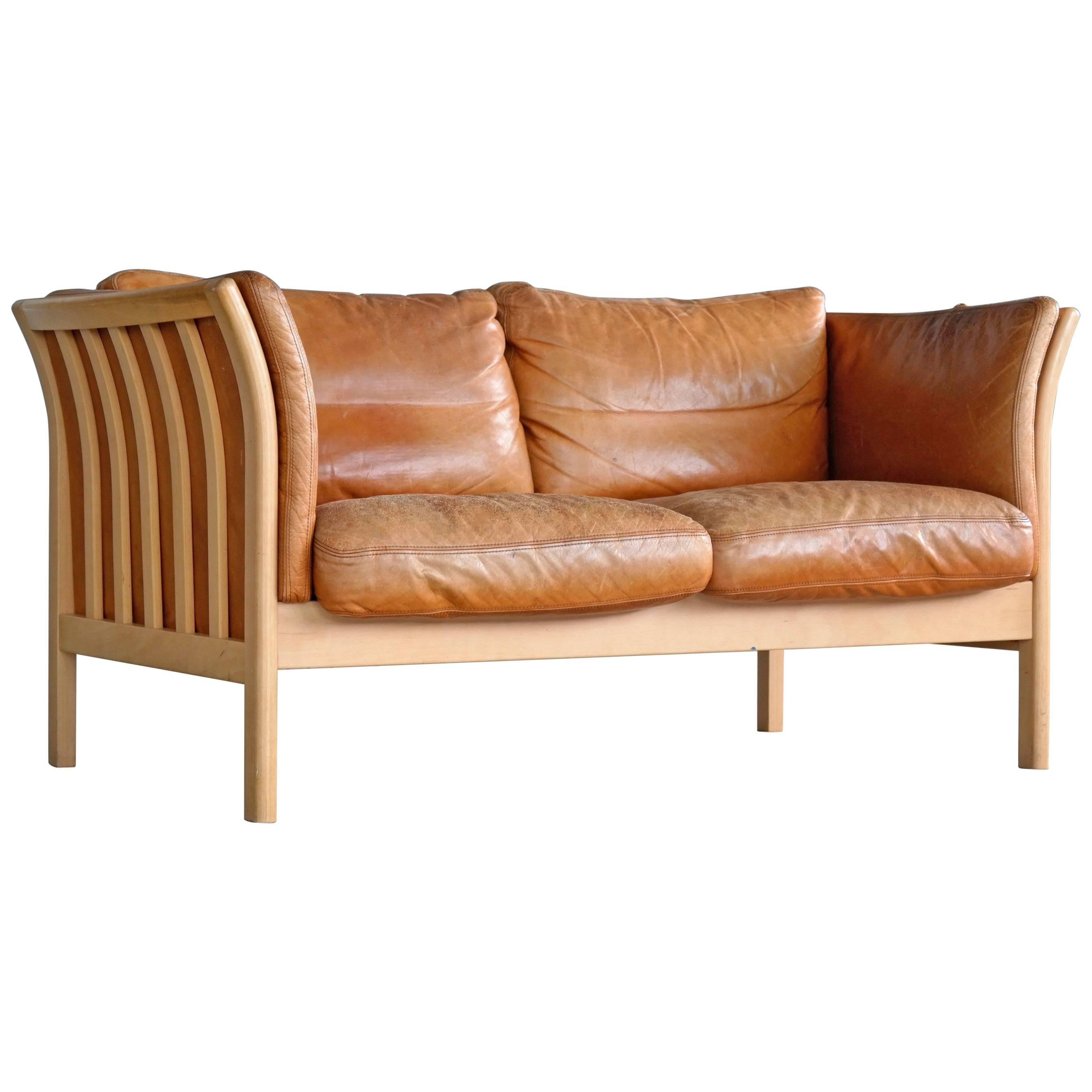 Mogens Hansen Børge Mogensen Style Two-Seat Sofa in Cognac Leather and Beechwood