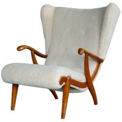 Svend Skipper Attributed Papa Bear Style Easy Chair Covered in Lambswool