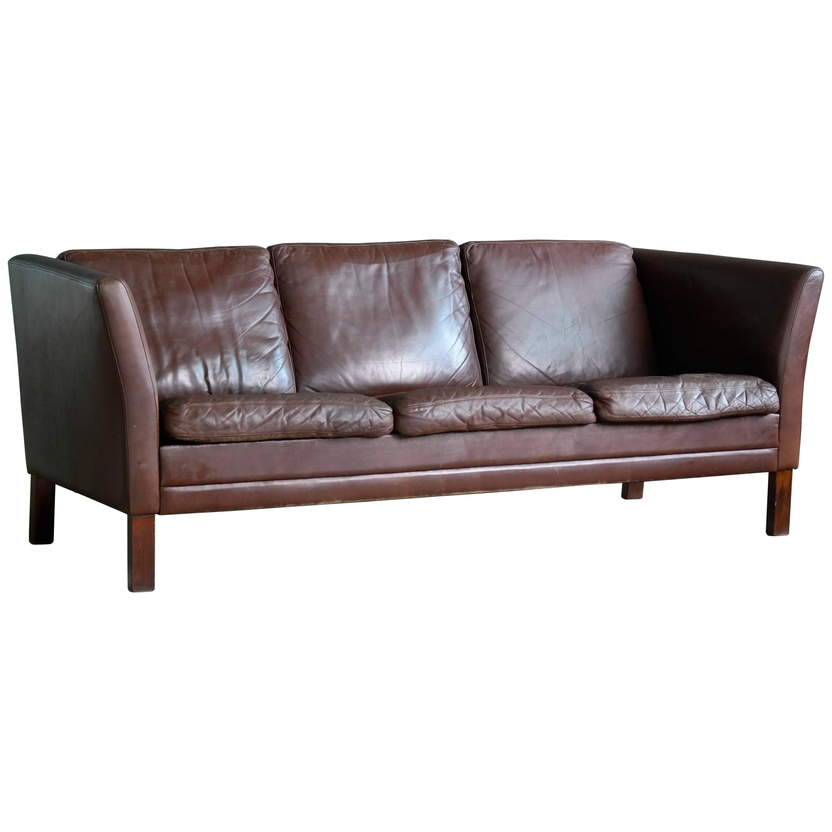 Borge Mogensen Style Three-Seat Sofa in Chocolate Leather by Mogens Hansen