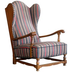 Vintage Danish High Wingback Armchair in Oak