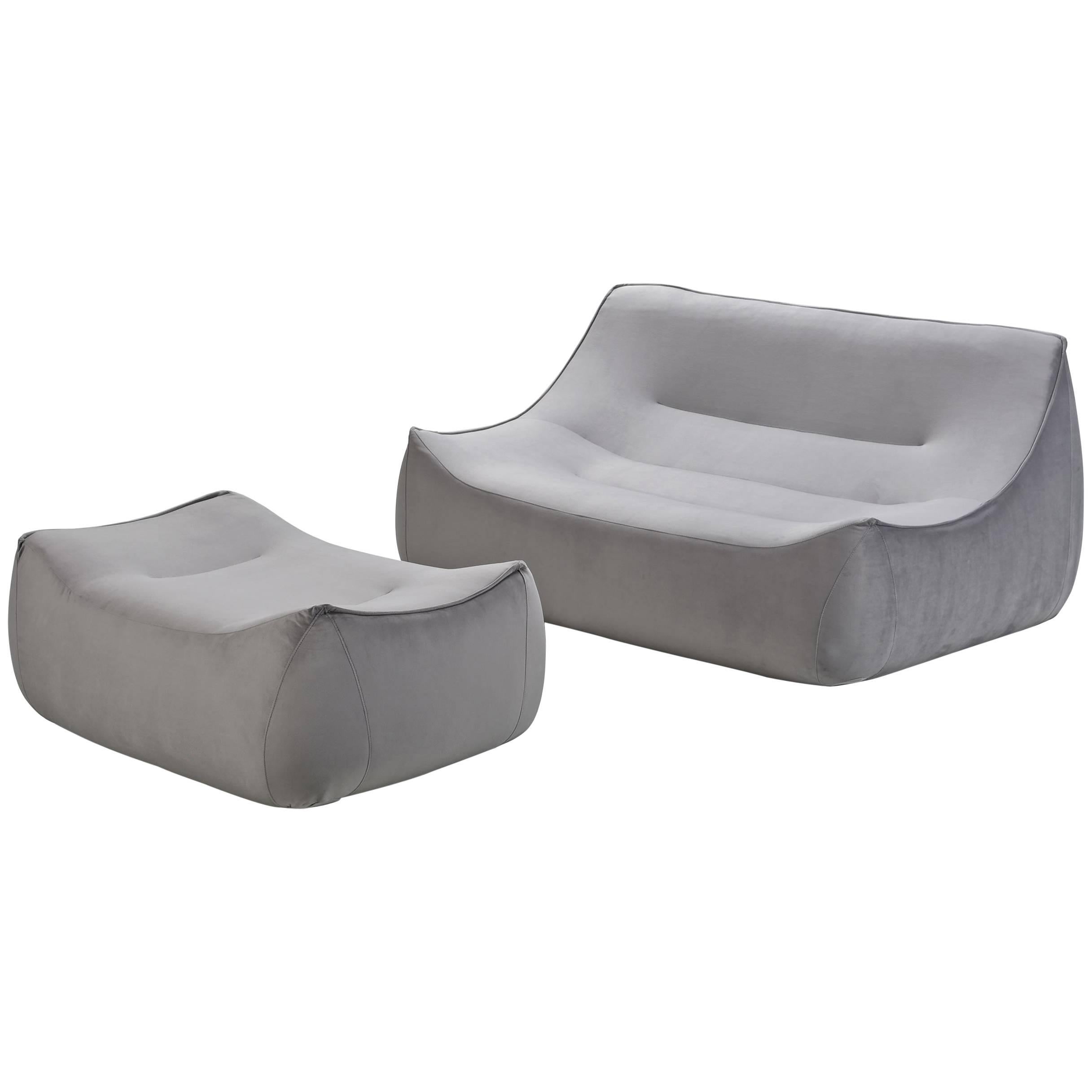 Ligne Roset Sake Small Settee and Ottoman in Light Grey, 1990s