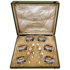 Veyrat French Sterling Silver 18-Karat Gold Six Salt Cellars, Spoons, Box