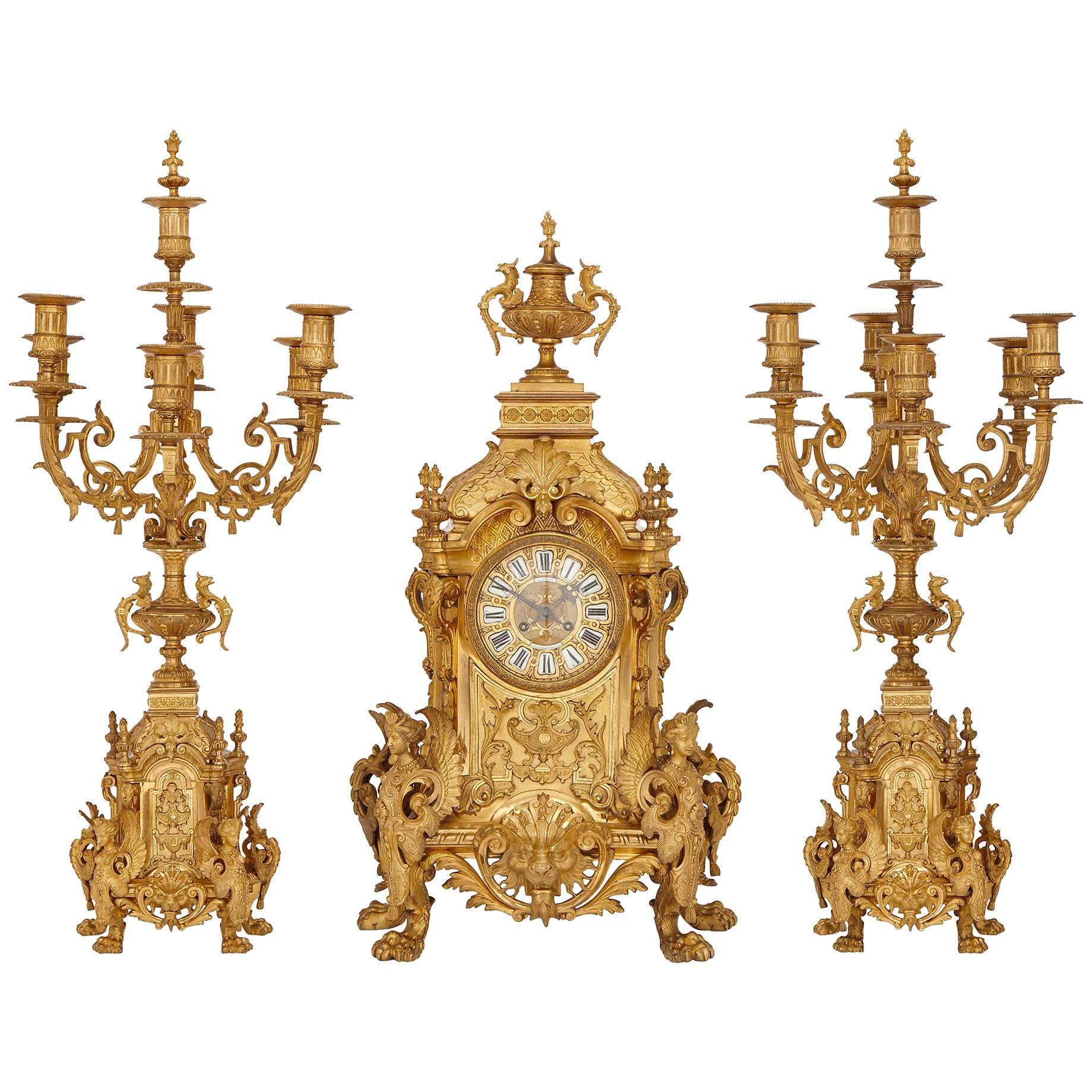 Antique French Large Three-Piece Gilt Bronze Clock Set by Henri Jondet