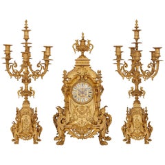 Antique French Large Three-Piece Gilt Bronze Clock Set by Henri Jondet