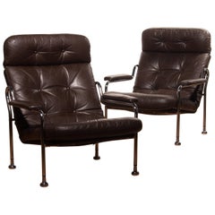 1970s, a Pair of Leather with Tubular Chrome Steel Lounge Chairs , Sweden