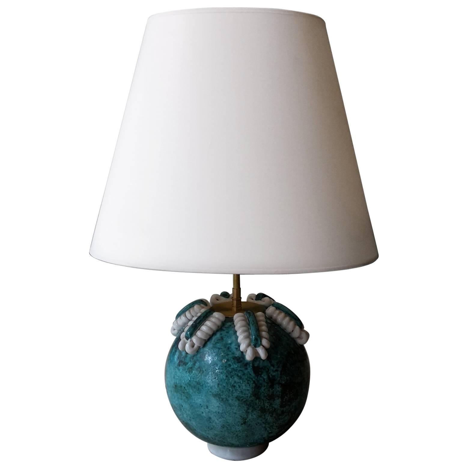 Early 20th Century Art Deco Table Lamp Made of Turquoise and White Ceramic For Sale