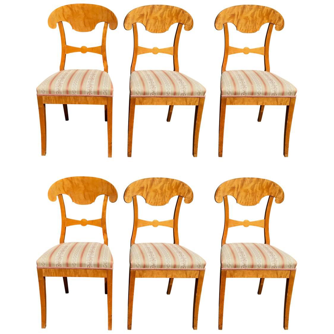 Biedermeier Set of Six Antique Swedish Flame Golden Birch Dining Chairs Honey 