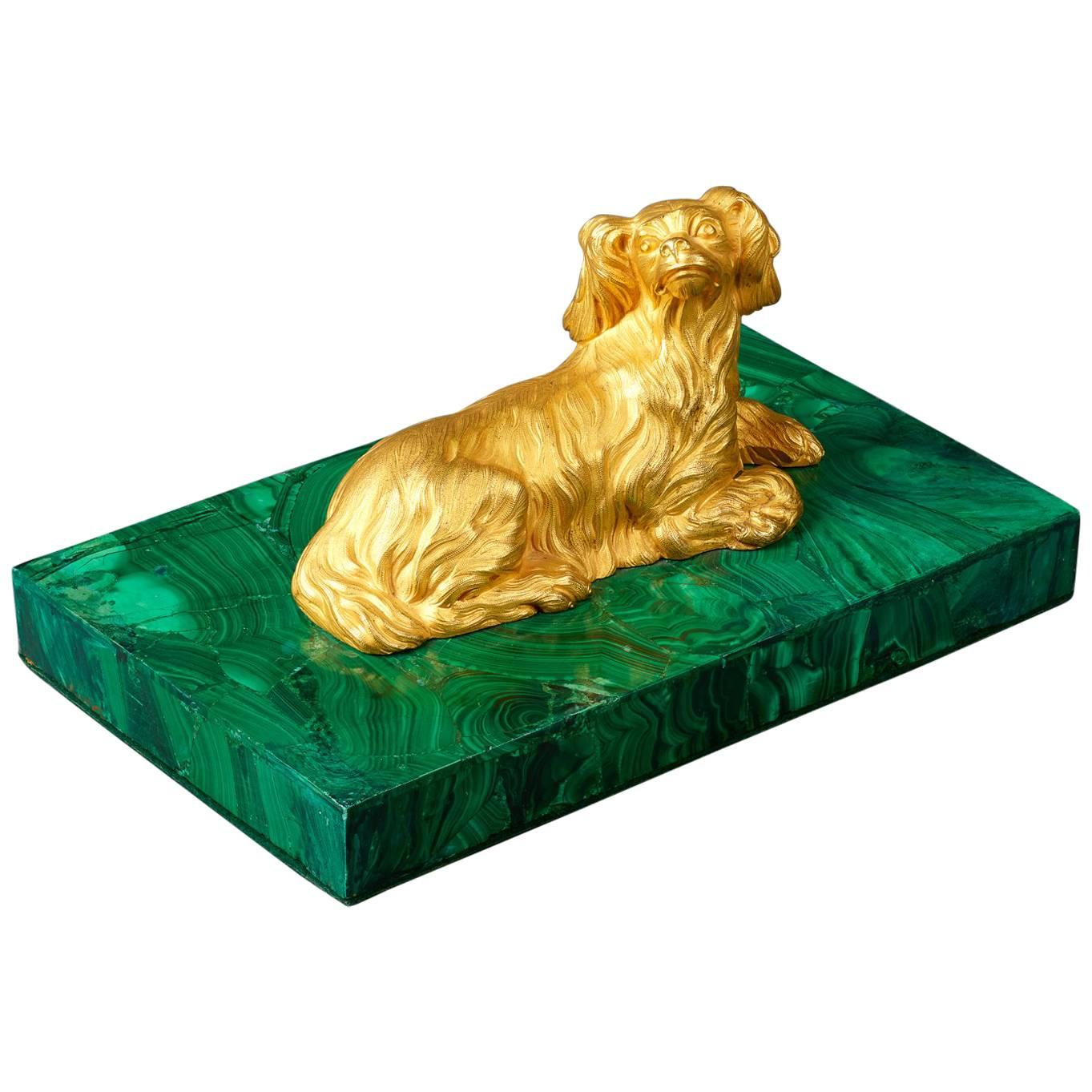 Early 19th Century Empire Russian Malachite and Ormolu Paperweight Spaniel Dog For Sale