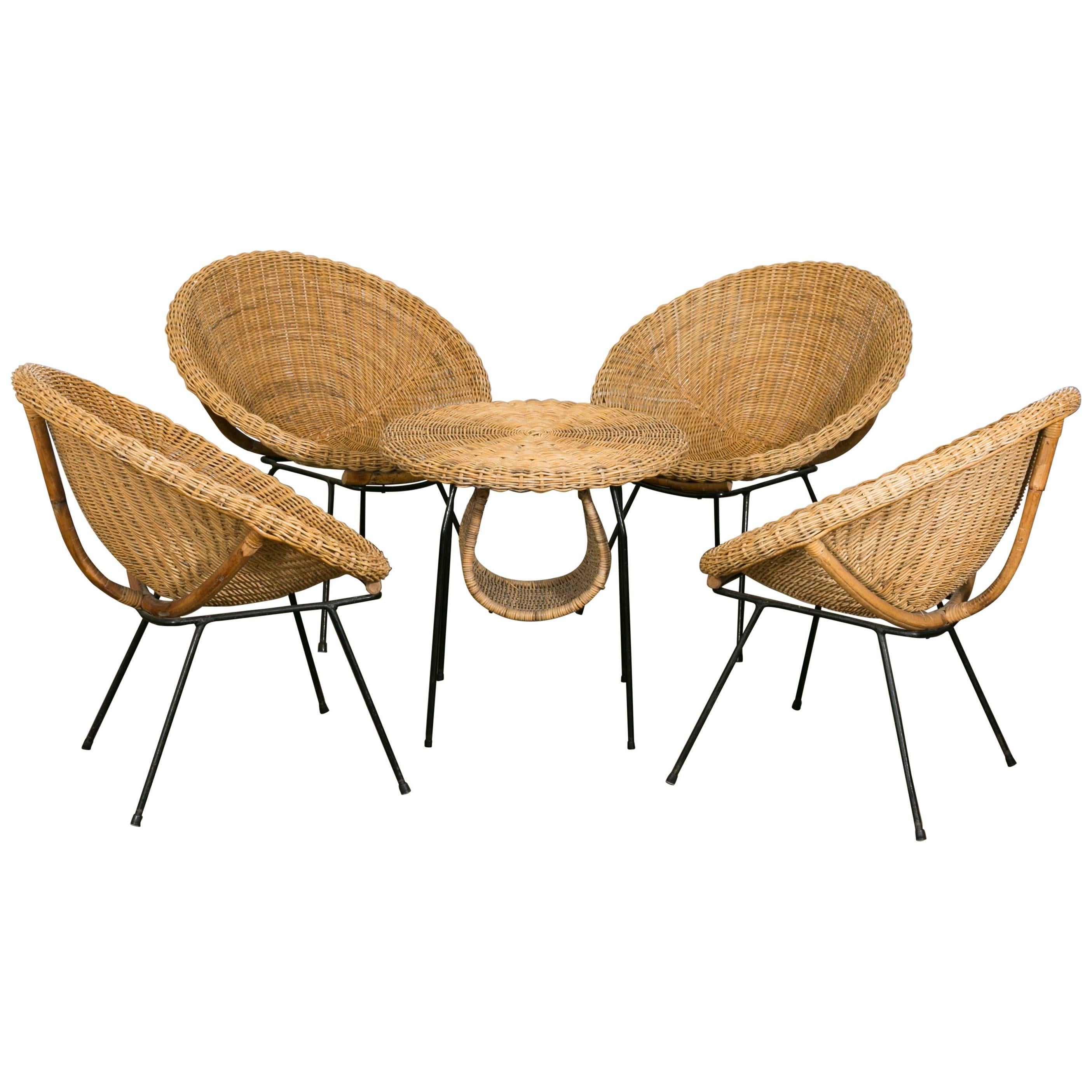 Rattan Set of Scoop Chairs and Table, Style of Janine Abraham, France