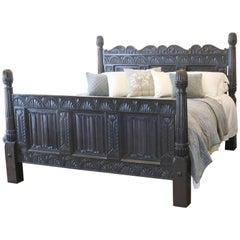 Vintage Wide Ebonized Carved Jacobean Style Bed - WSK1