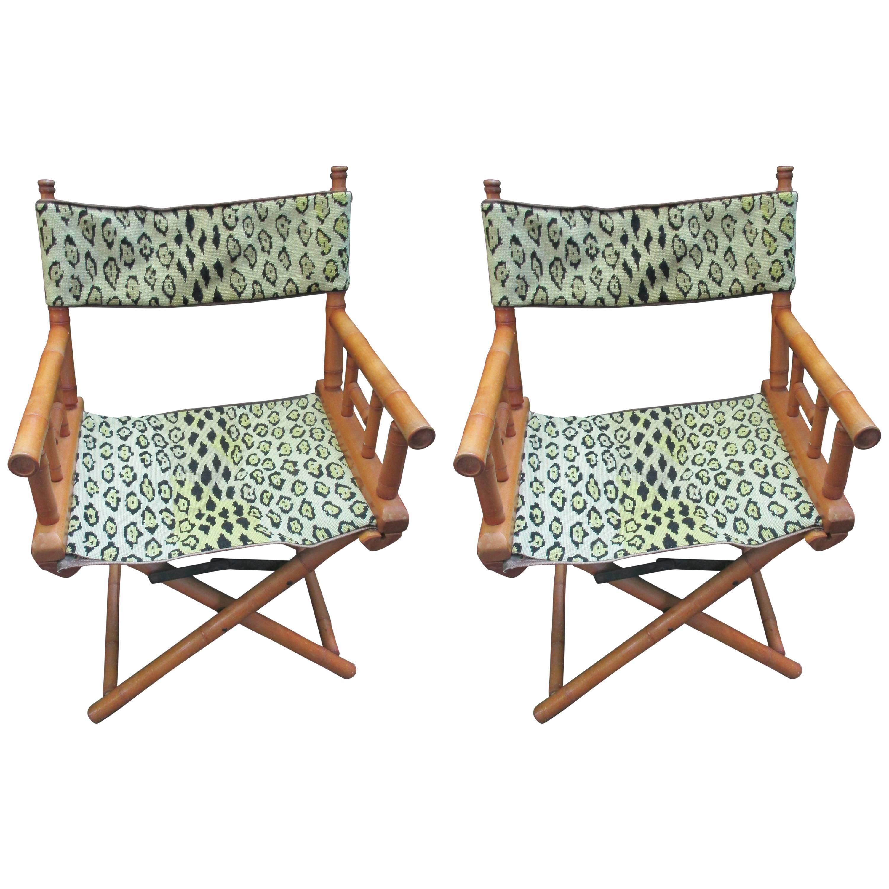 Leopard Needlepoint Mid-Century Pair of Faux Bamboo Folding Chairs 