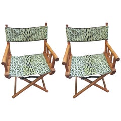 Leopard Needlepoint Mid-Century Pair of Faux Bamboo Folding Chairs