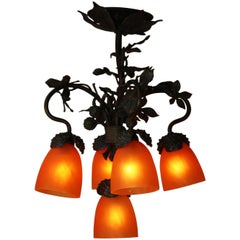French Art Nouveau Bronze and Art Glass Chandelier 3