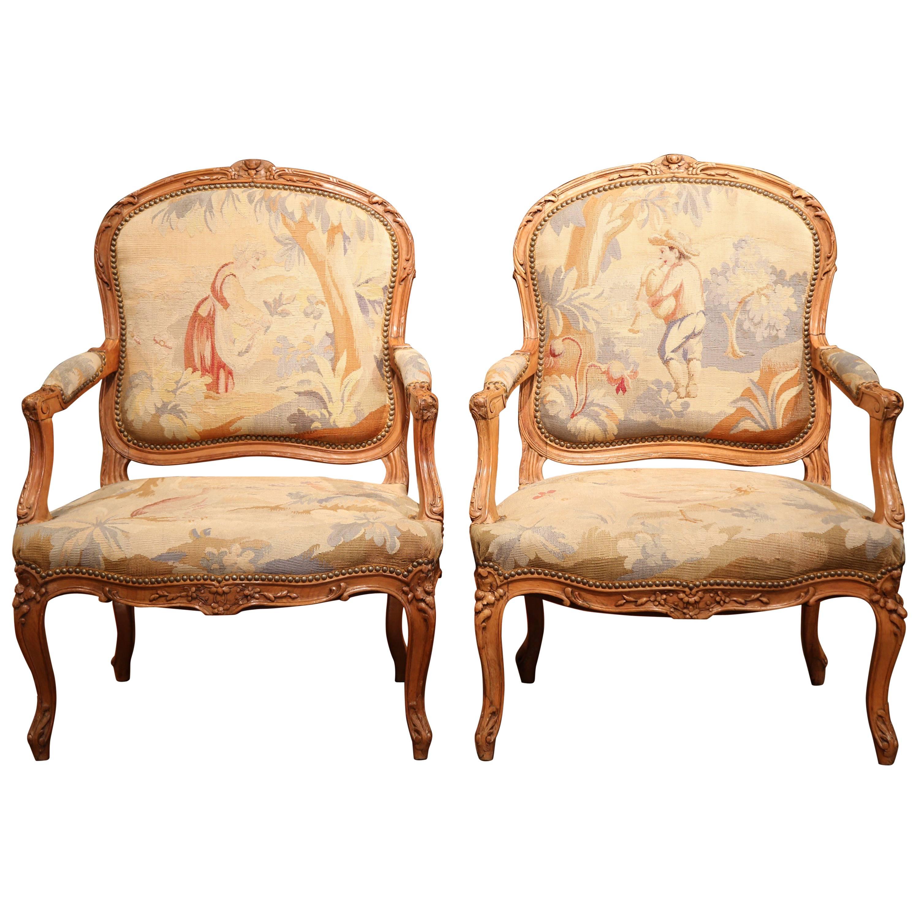 Pair of 19th Century French Louis XV Carved Armchairs with Aubusson Tapestry