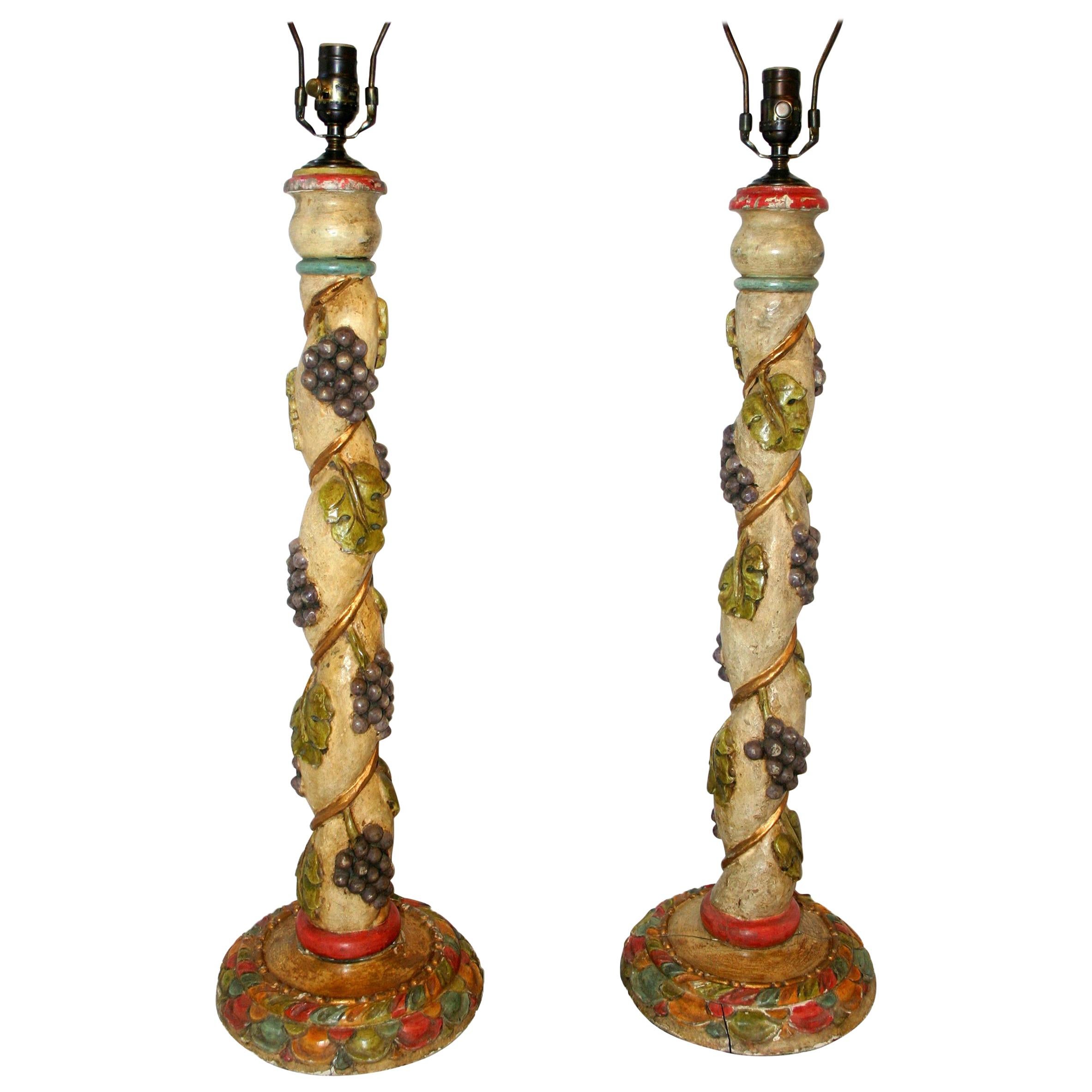 Pair of Carved Wood Candlestick Lamps For Sale