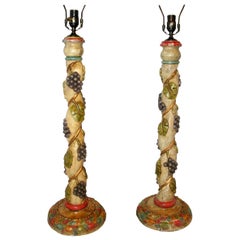 Pair of Carved Wood Candlestick Lamps