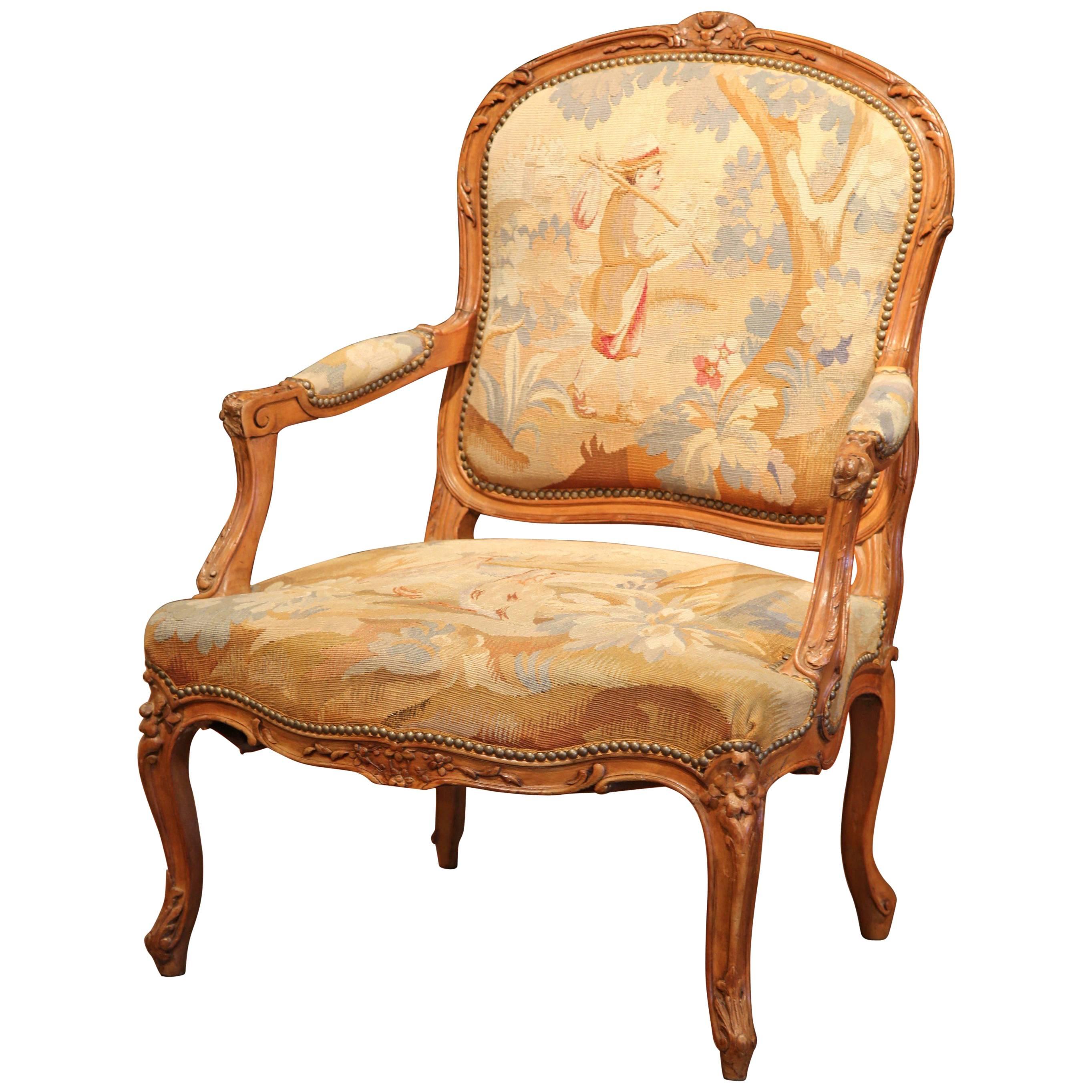 19th Century French Louis XV Carved Walnut Armchair with Aubusson Tapestry