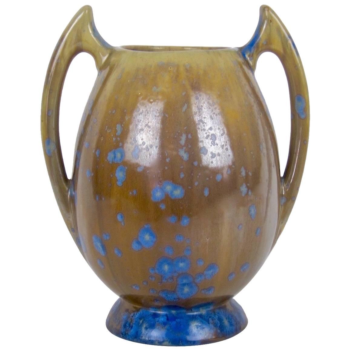 French Pierrefonds Art Nouveau Batwing Stoneware Vase with Crystalline Glaze