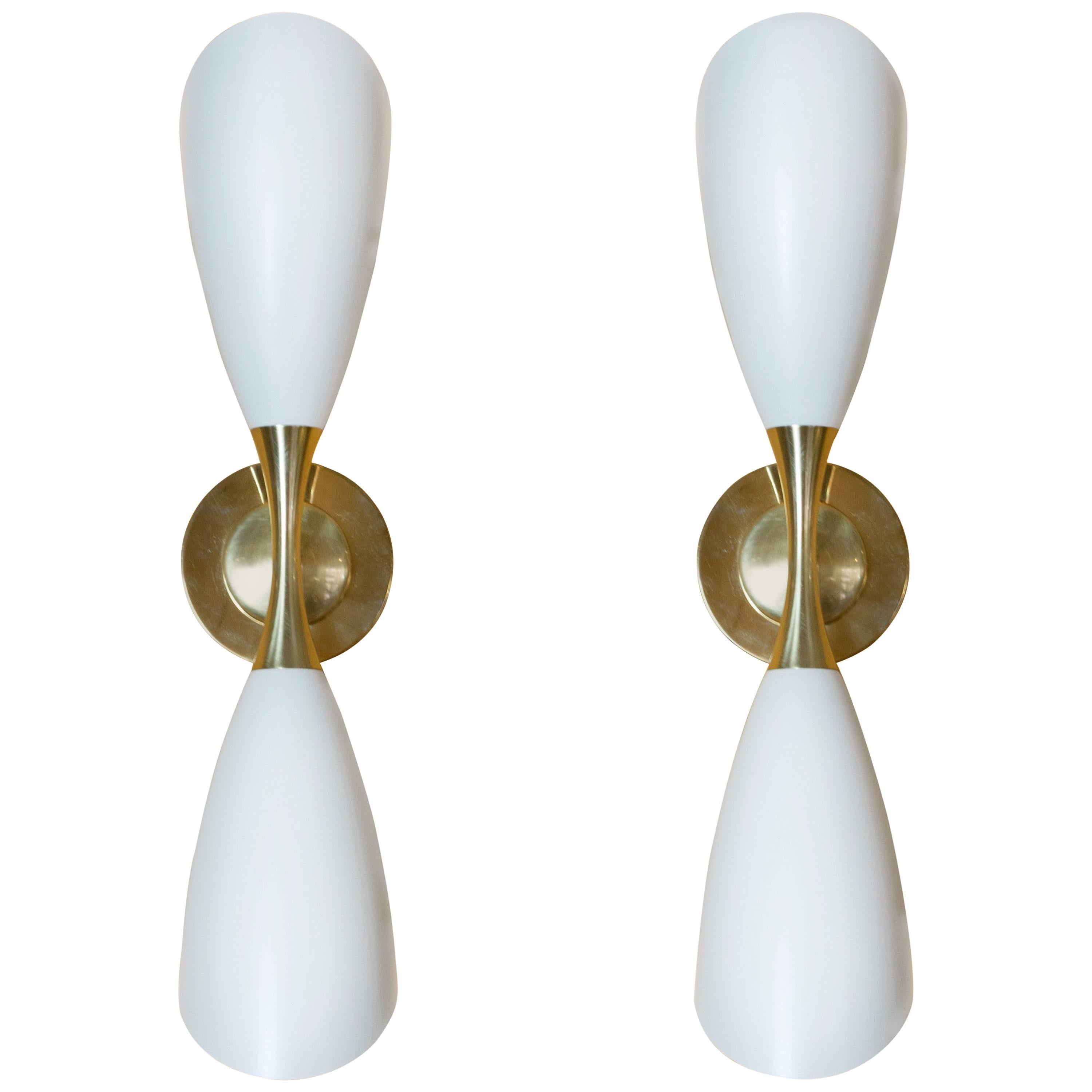 Mid-Century Italian Stilnovo Ivory Lacquer and Brass Double Light Sconces