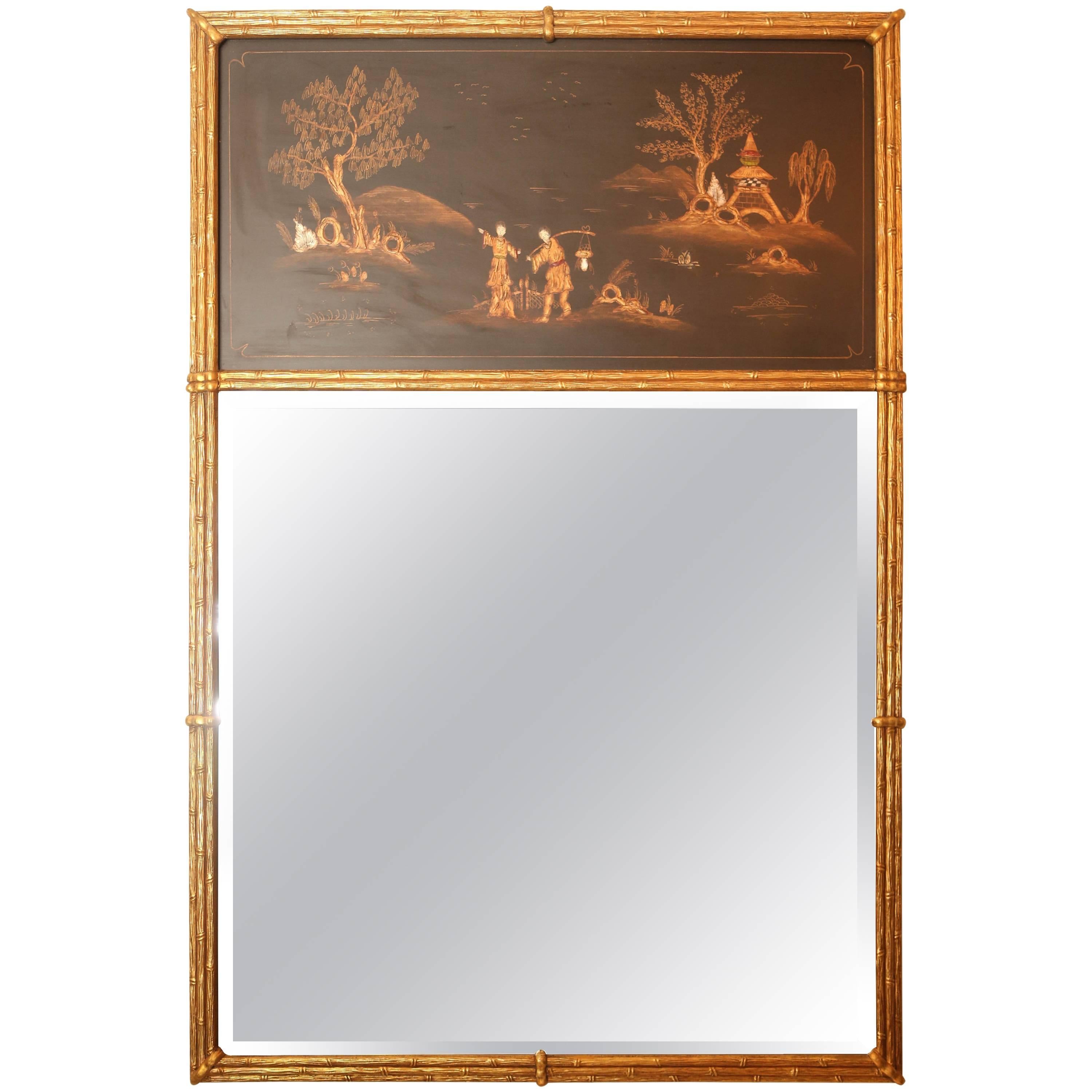 Gilded Faux Bamboo Chinoiserie Trumeau Mirror by Maison Jansen For Sale