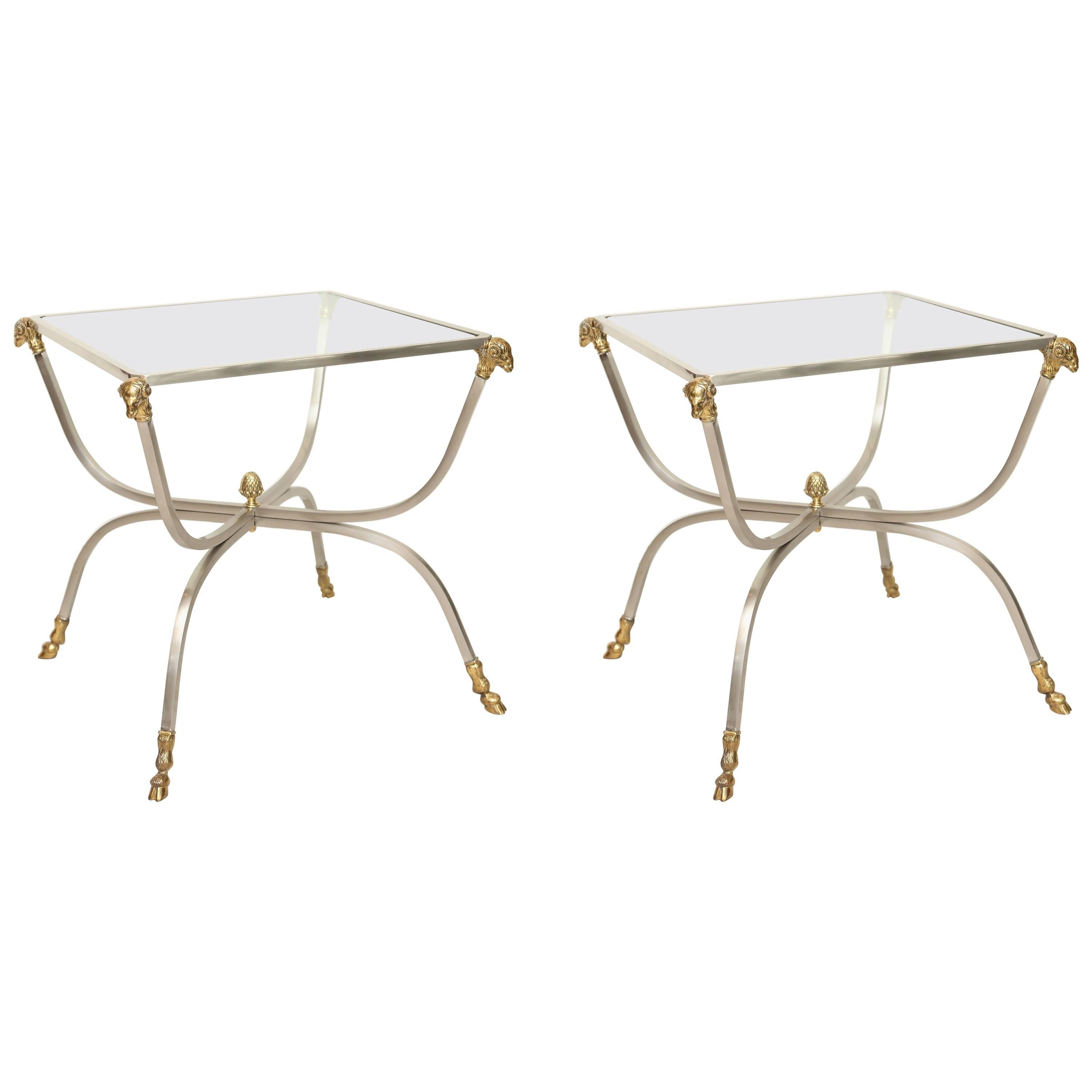 Pair of Jansen Style Steel and Brass Ram's Head End Tables