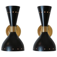 Vintage Stilnovo Black Lacquer and Brass Sconces