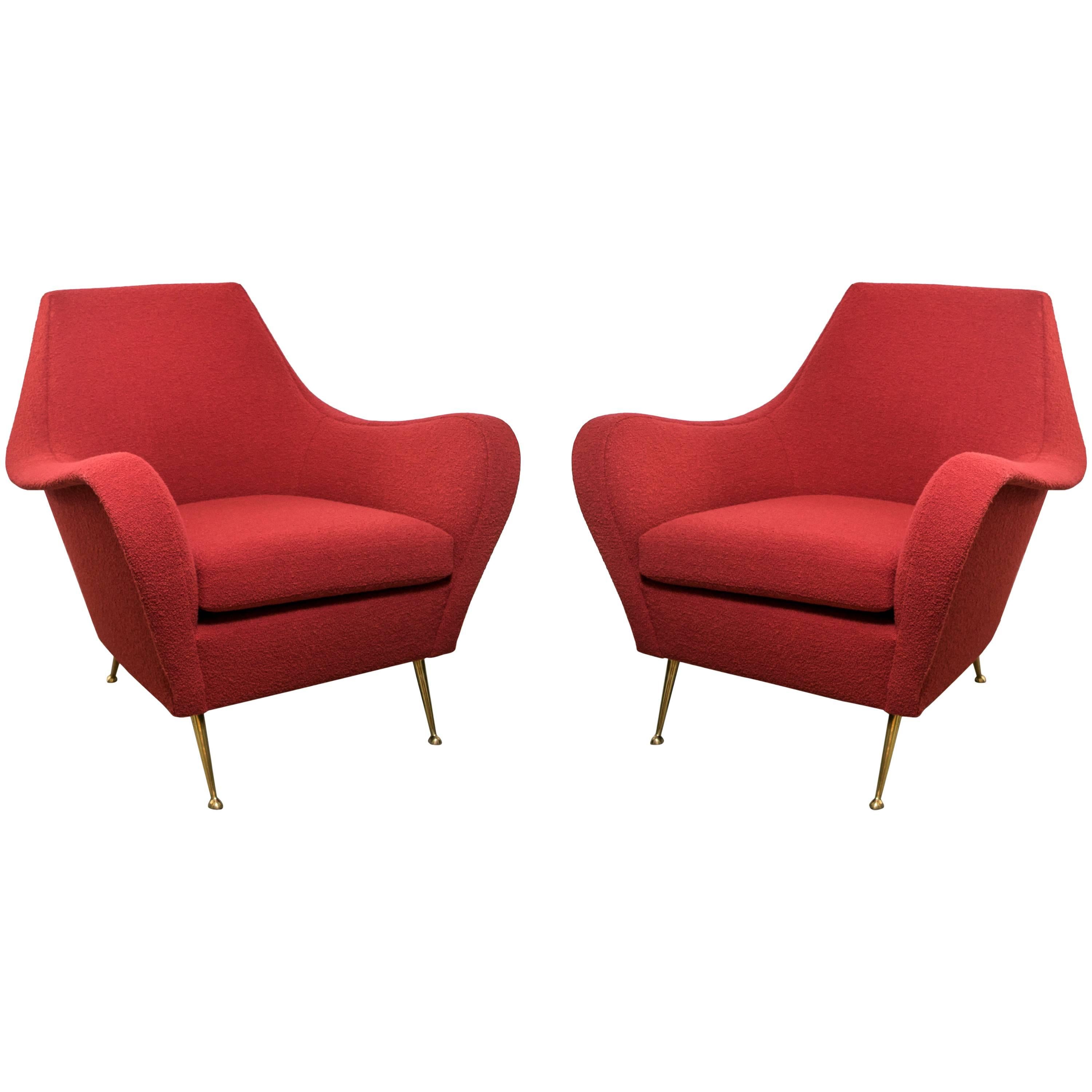 Italian Mid-Century Pair of Chairs with Brass Legs in Red Boucle