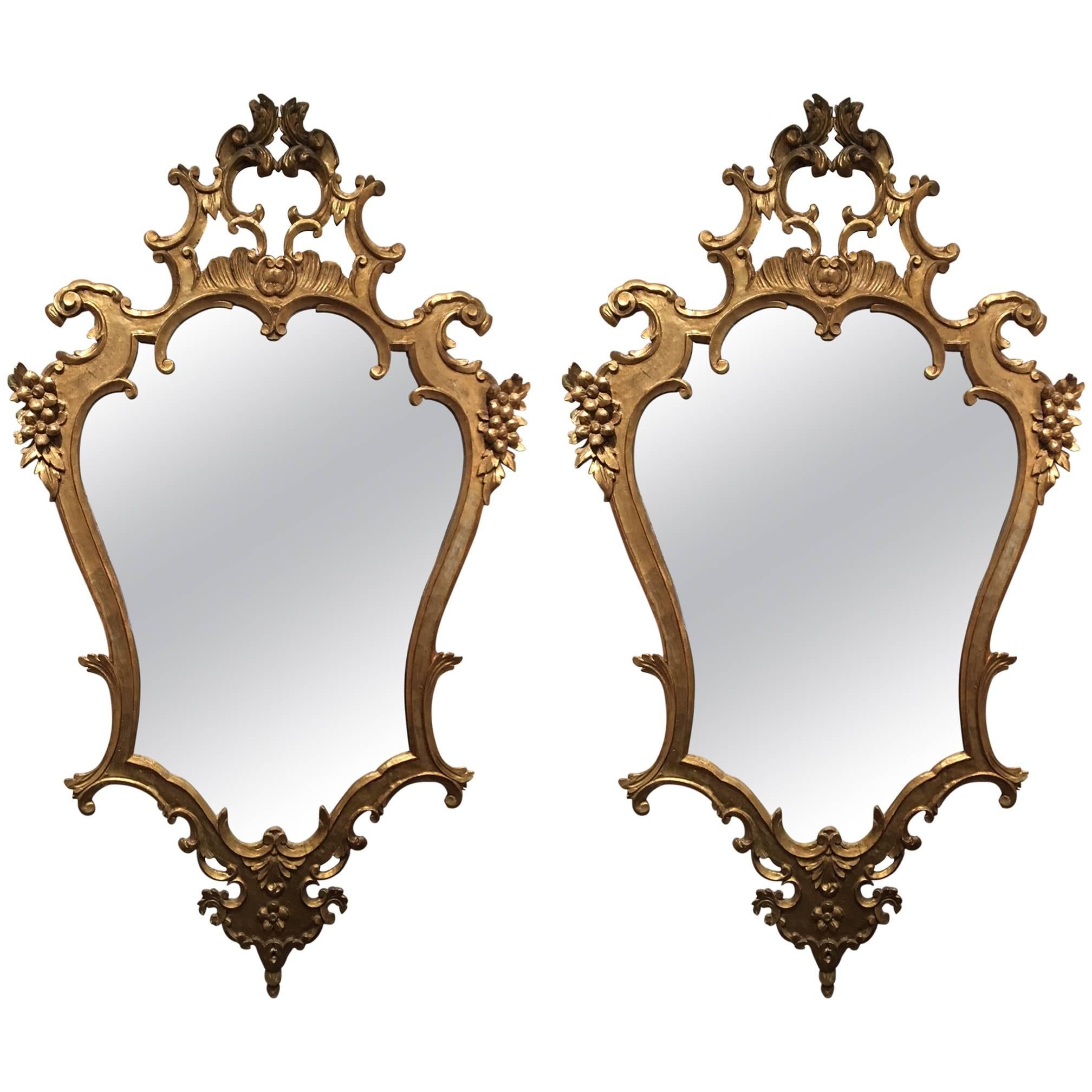 Pair of Italian Rococo Style Carved Giltwood Mirrors, Early 20th Century