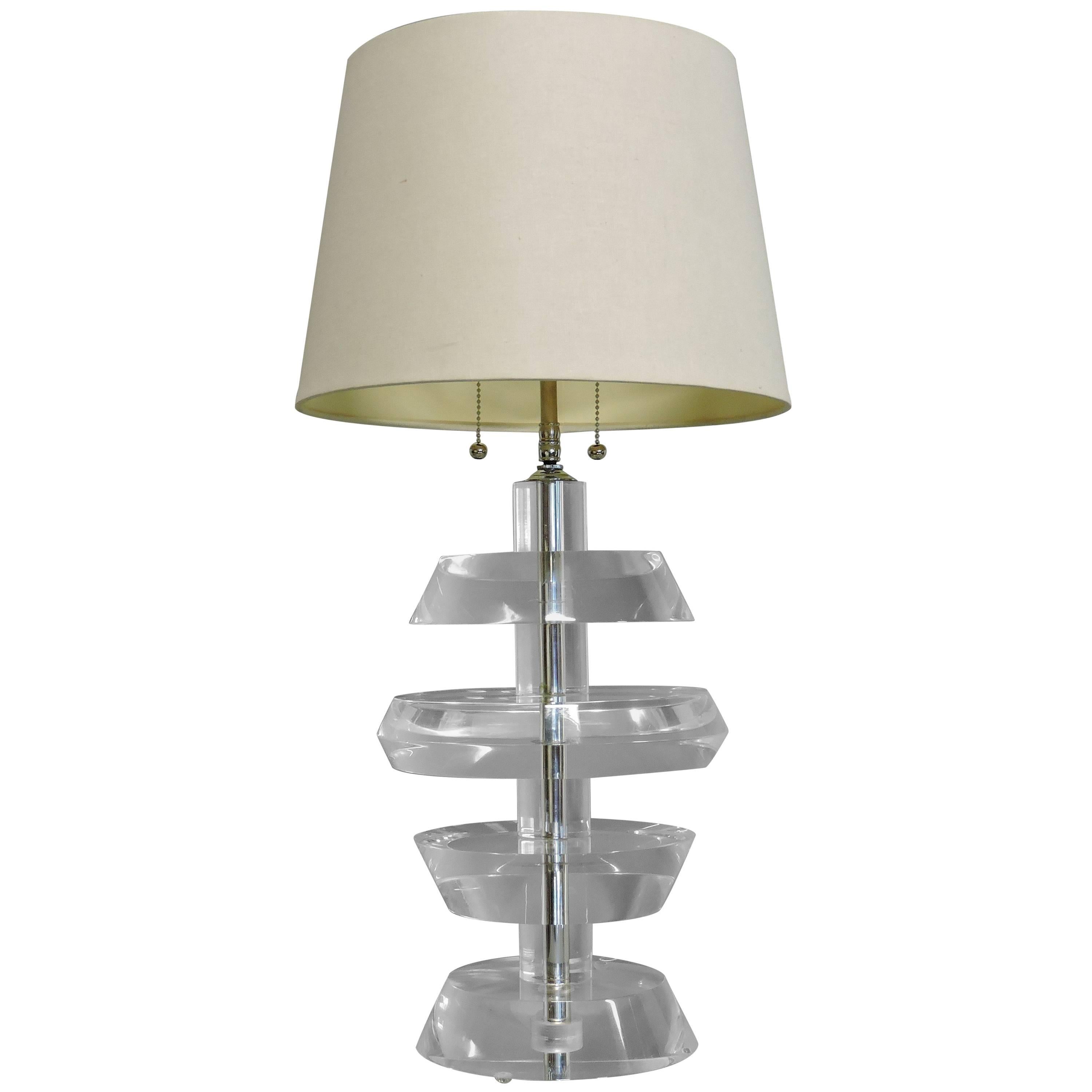 Karl Springer Style Mid-Century Modern Stacked Lucite and Chrome Table Lamp For Sale