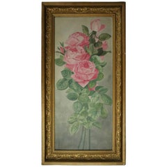 Antique French Floral Still Life of Pink Rose Yard Long Oil on Board, circa 1900