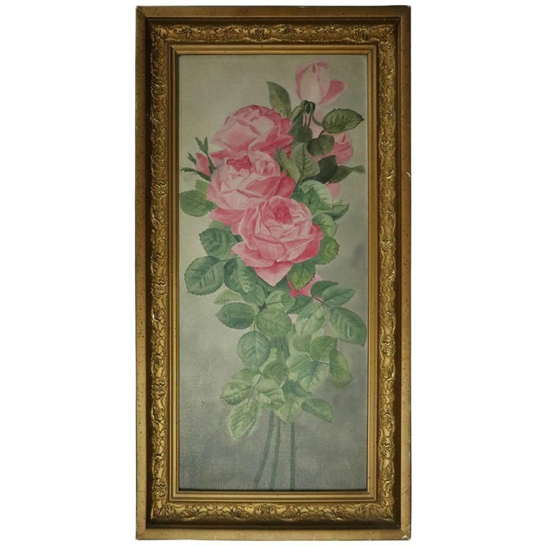 Antique French Floral Still Life of Pink Rose Yard Long Oil on Board ...
