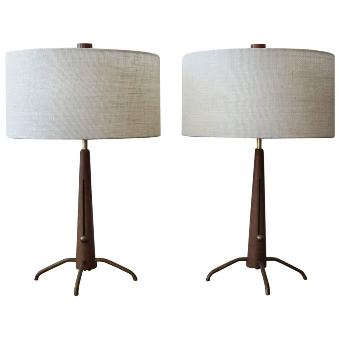 Walnut and Brass Gerald Thurston Adjustable Height Lamps