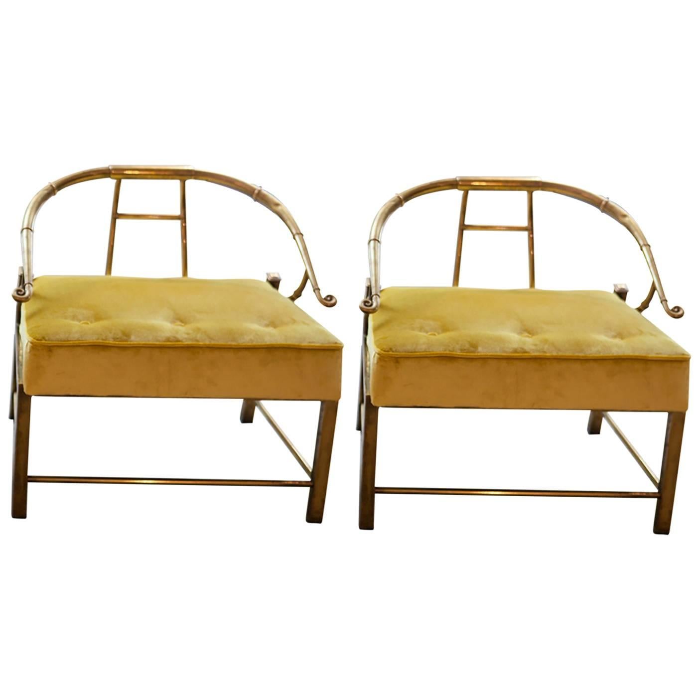 Midcentury Set of Yellow Armchairs by Mastercraft in Brass and Velvet