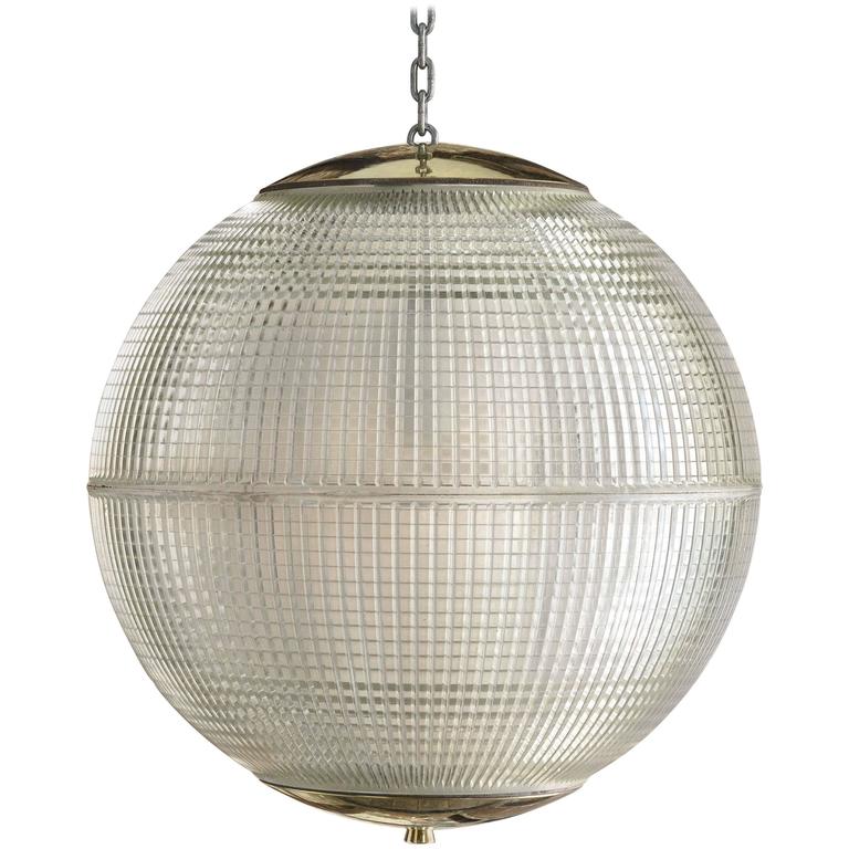 Large French Holophane Pendant Globe Lights With Brass Caps For Large French Holophane Pendant Globe Lights With Brass Caps For At 1stdibs