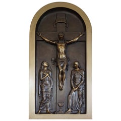 Stunning Early 20th Century Bronze Religious Church Plaque of Christ on Crucifix
