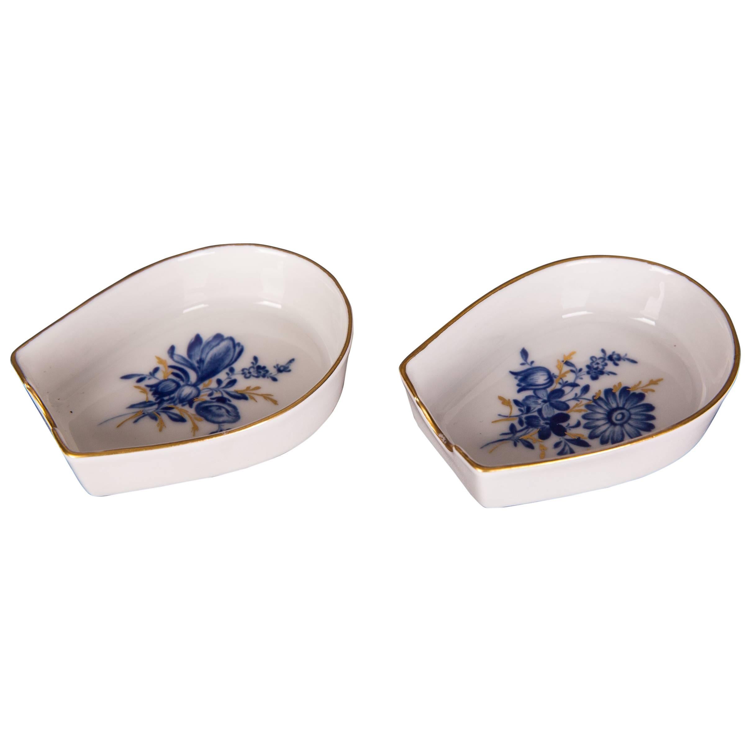 Two Beautiful Meissen Ashtray Decor Blue Flower with Gold