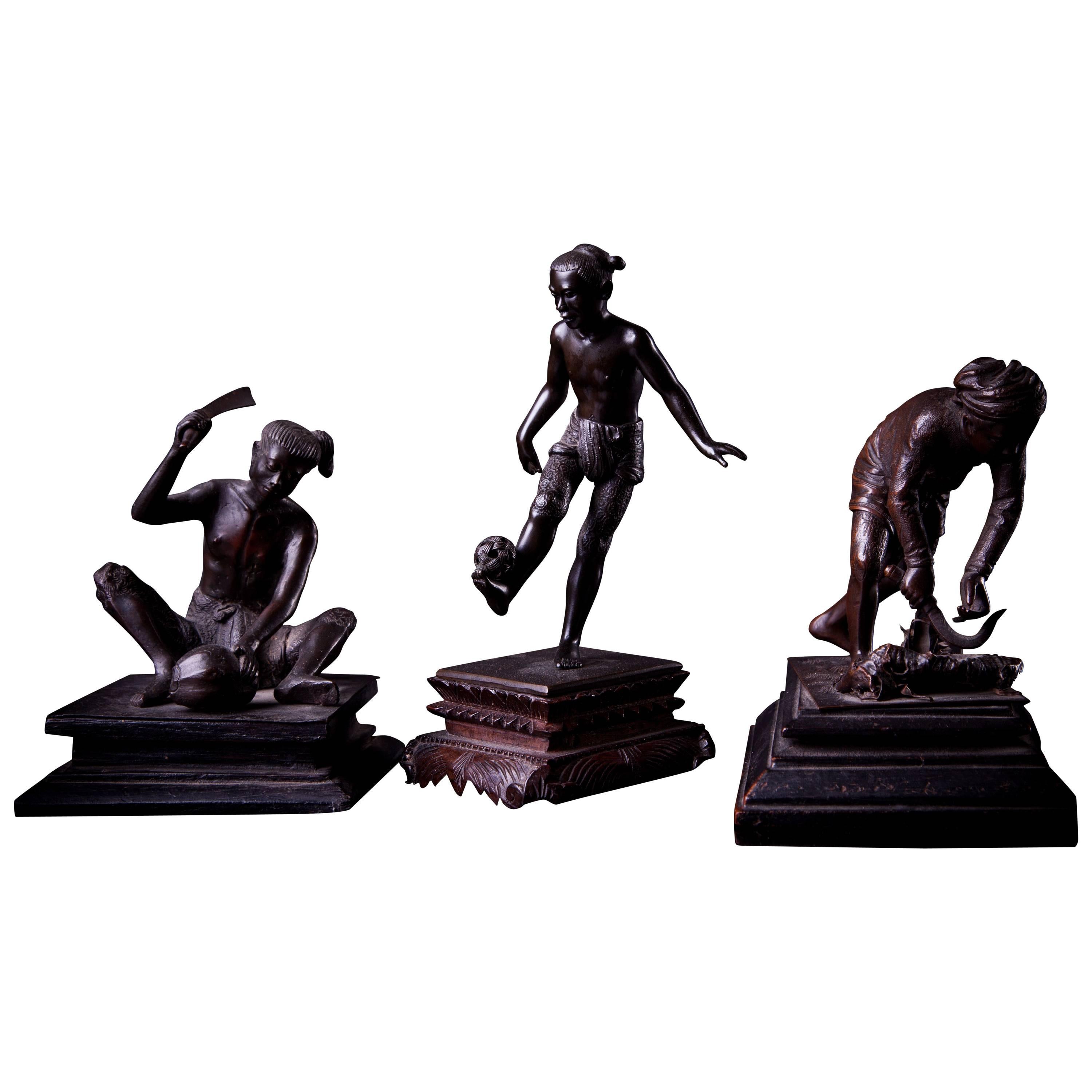 Three Bronze Figure Do Various Chores Burma, Pegu For Sale