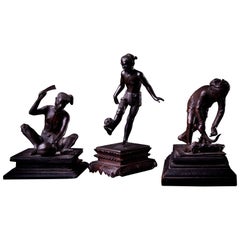 Used Three Bronze Figure Do Various Chores Burma, Pegu
