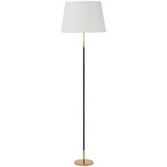 1950s Brass and Black Leather Jacques Adnet Style Floor Lamp
